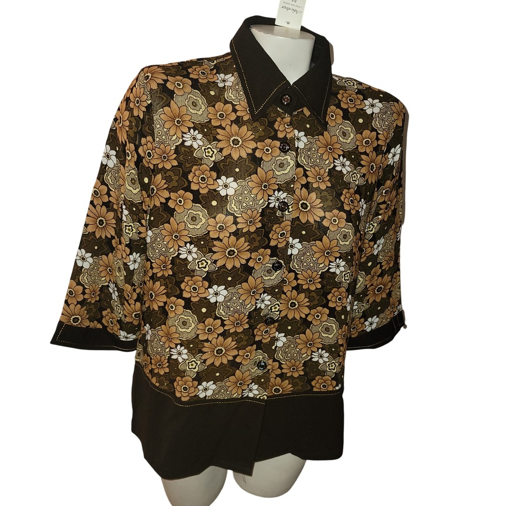 Vintage inspired 70's looking grandmacore‎ Brown Floral Print Button Up Blouse L